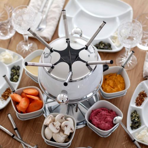  MAESER Maser 931228 Fondue-Set 28-teilig, weisser Fonduetopf inklusive Spritzschutz, Fonduegabeln, Schalchen und Fondueteller fuer 6 Personen