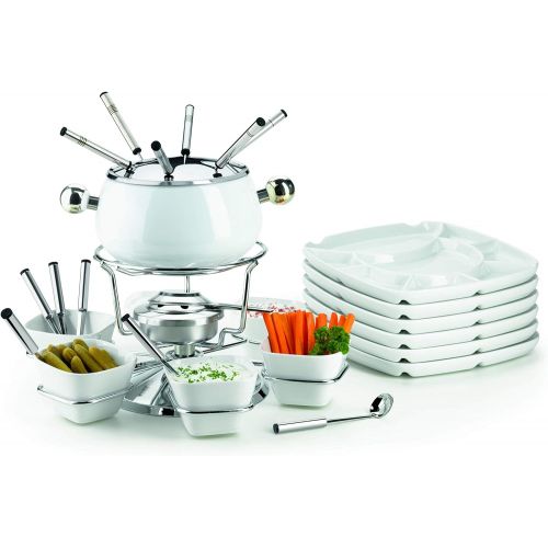  MAESER Maser 931228 Fondue-Set 28-teilig, weisser Fonduetopf inklusive Spritzschutz, Fonduegabeln, Schalchen und Fondueteller fuer 6 Personen