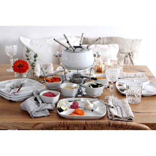  MAESER Maser 931228 Fondue-Set 28-teilig, weisser Fonduetopf inklusive Spritzschutz, Fonduegabeln, Schalchen und Fondueteller fuer 6 Personen