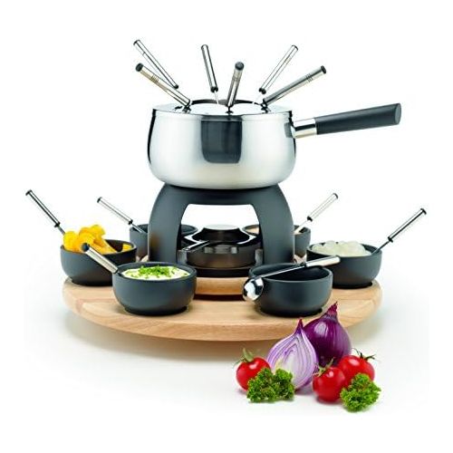  [아마존베스트]MAESER Maser 931229 Fondue Set 23 Pieces Stainless Steel Fondue Pot with Splash Guard, Rechaud, Wooden Swivel Carousel, Fondue Forks, Bowls, Grey/Black