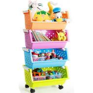 MAGDESIGNER Kids Toys Storage Organizer Bins Baskets with Wheels Can Move Everywhere Large 4 Baskets Natural/Primary (Primary Collection) (Purple&Blue&Orange&Green)