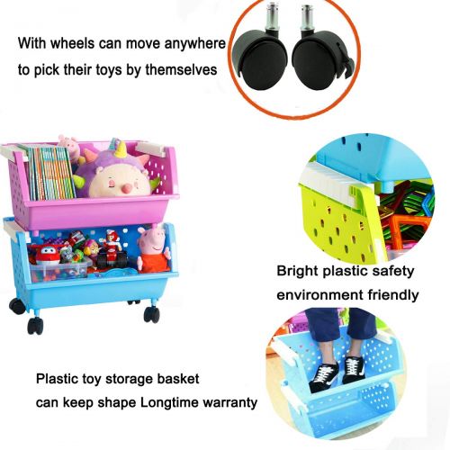  MAGDESIGNER Kids Toys Storage Organizer Bins Baskets with Wheels Can Move Everywhere Large 4 Baskets Natural/Primary (Primary Collection) (Purple&Blue&Orange&Green)
