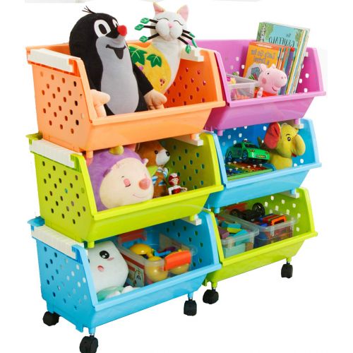  [아마존 핫딜] MAGDESIGNER Kids Toys Chest Large Baskets Storage Bins Organizer with Wheels Can Move EverywhereNatural/Primary (Primary Collection)(6 Baskets Choose)