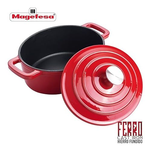  Cast Iron Stockpot MAGEFESA FERRO, optimal retention and heat distribution, for all types of Cooktop, induction, oven safe, energy saving, easy cleaning, long durability (RED STOCKPOT, 9.4