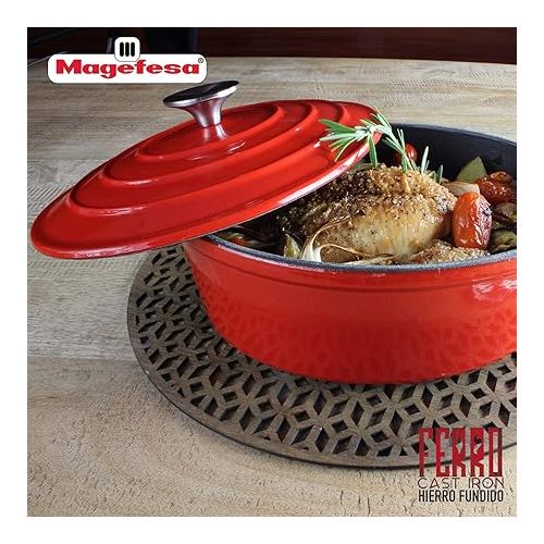  Cast Iron Stockpot MAGEFESA FERRO, optimal retention and heat distribution, for all types of Cooktop, induction, oven safe, energy saving, easy cleaning, long durability (RED STOCKPOT, 9.4