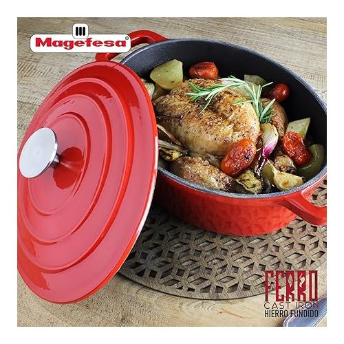  Cast Iron Stockpot MAGEFESA FERRO, optimal retention and heat distribution, for all types of Cooktop, induction, oven safe, energy saving, easy cleaning, long durability (RED STOCKPOT, 9.4