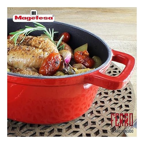  Cast Iron Stockpot MAGEFESA FERRO, optimal retention and heat distribution, for all types of Cooktop, induction, oven safe, energy saving, easy cleaning, long durability (RED STOCKPOT, 9.4