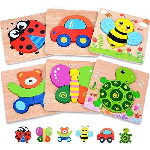  MAGIFIRE Wooden Toddler Puzzles Gifts Toys for 1 2 3 Year Old Boys Girls Baby Infant Kid Learning Educational 6 Animal Shape Jigsaw Eco Friendly Child Kid Montessori Stem Travel To