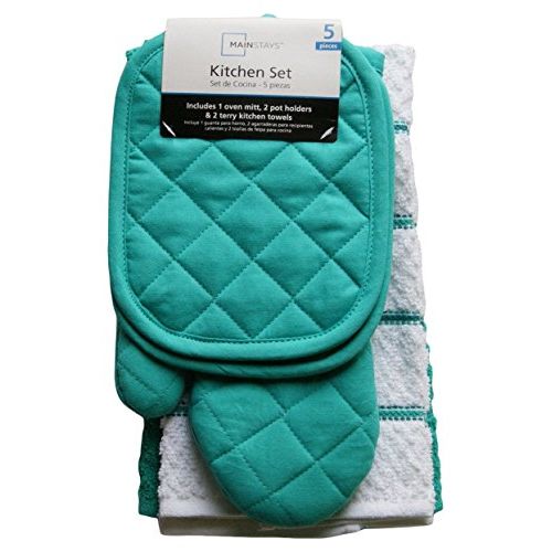  [아마존베스트]Mainstay Teal Island Kitchen Towel Set 5 Piece- Pot Holders, Oven Mitt & 2 Terry Kitchen Towels (1, A)