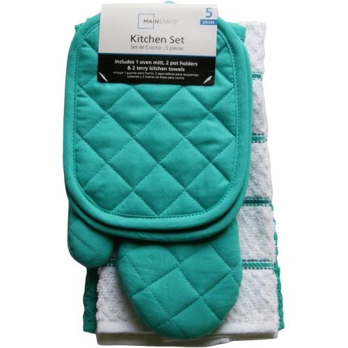  [아마존베스트]Mainstay Teal Island Kitchen Towel Set 5 Piece- Pot Holders, Oven Mitt & 2 Terry Kitchen Towels (1, A)