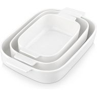 MALACASA Casserole Dishes for Oven, Porcelain Baking Dishes Set of 3, Durable Casserole Dish Set Lasagna Pan Deep, Ceramic Bakeware Sets with Handles, White (13.8''/11.7''/9.4''), Series Bake