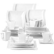 MALACASA Ivory White Dinnerware Set, 30-Piece Porcelain Dinnerware Sets, Modern Square Dinner Set Plates and Bowls for Dessert, Salad and Pasta, Cup and Saucer Set, Dinnerware Set for 6, Series Flora