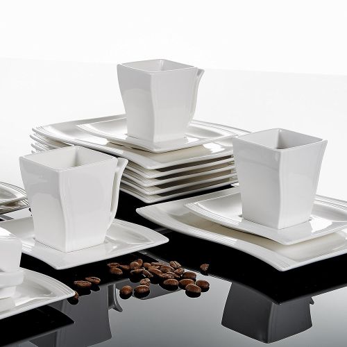  MALACASA Malacasa, Series Flora, Set of 18White Porcelain Coffee Set with 6Dessert Plate, Set of 6Cup 220ml, 6Saucer for 6People