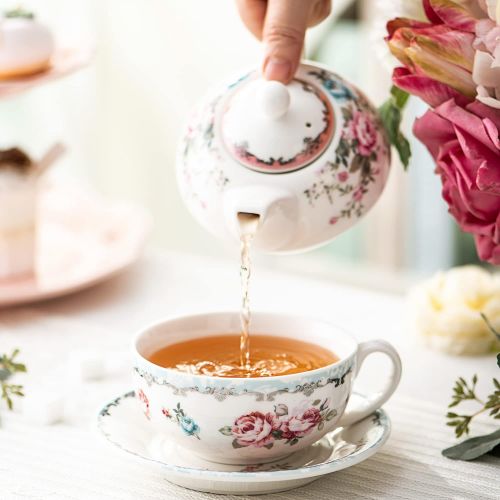  MALACASA, Serie Sweet.Time, Porzellan Teeservice Teeset 4 teilig Set Teekanne mit Tasse und Untersetzer Blumen Teekannen & Kaffekannen Geschenk