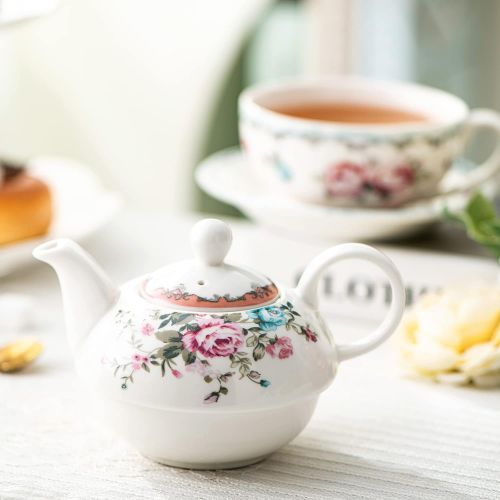  MALACASA, Serie Sweet.Time, Porzellan Teeservice Teeset 4 teilig Set Teekanne mit Tasse und Untersetzer Blumen Teekannen & Kaffekannen Geschenk