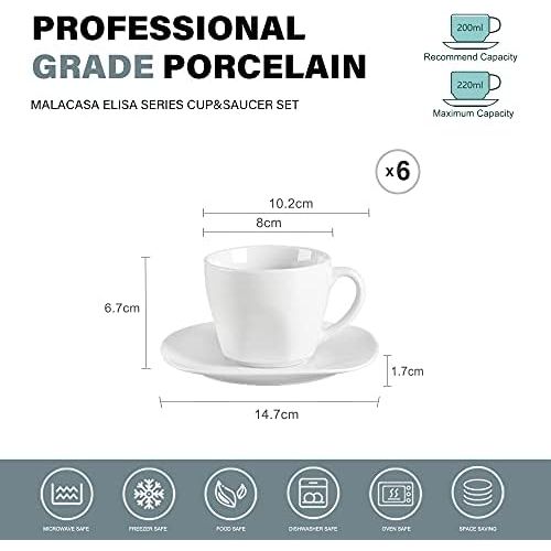  Malacasa, Serie Elisa, 12 teilig Set Cremeweiss Porzellan Kaffeeservice Teeservice, je 6x Kaffeetassen mit 6x Untertassen fuer 6 Personen
