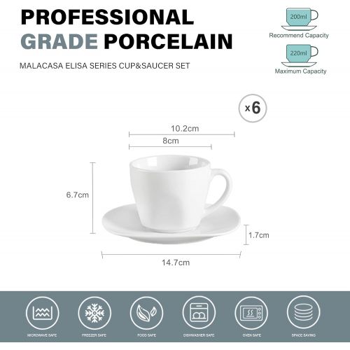  Malacasa, Serie Elisa, 12 teilig Set Cremeweiss Porzellan Kaffeeservice Teeservice, je 6x Kaffeetassen mit 6x Untertassen fuer 6 Personen