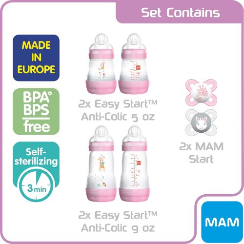  [아마존베스트]MAM Gift Set, Best Pacifiers and Baby Bottles for Newborn Breastfed Babies, Feed & Soothe Set, Girl, 6-Count