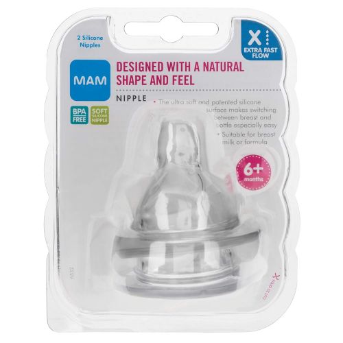  [아마존베스트]MAM Bottle Nipples, Level 4 X-Cut Extra Fast Flow Nipple, 6+ Months, 2-Count