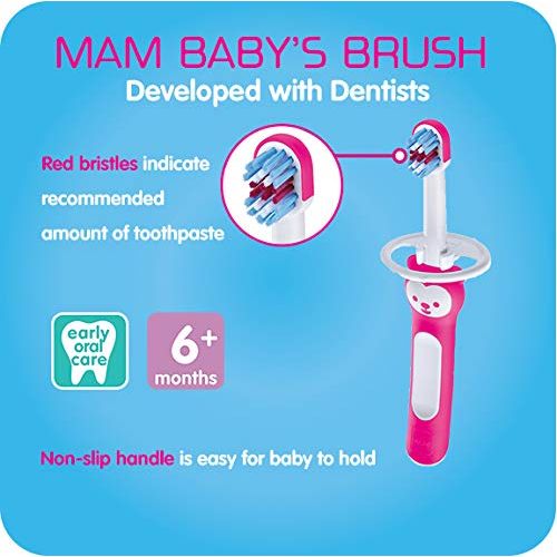  [아마존베스트]MAM Learn to Brush Set, Baby Toothbrush Set, Girl, Pink, 6+ Months