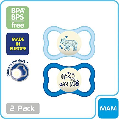  [아마존베스트]MAM Glow In the Dark Sensitive Skin Pacifiers, Baby Pacifier 6+ Months, Best Pacifier for Breastfed Babies, Air Night’ Design Collection, Boy, 2-Count