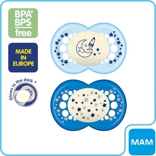  [아마존베스트]MAM Glow In the Dark Pacifiers, Baby Pacifier 6+ Months, Best Pacifier for Breastfed Babies, Night Design Collection, Boy, 2-Count