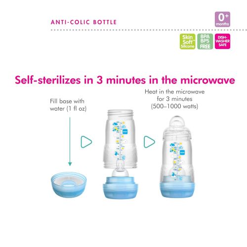  MAM Baby Bottle Sterilizer, Microwave Steam Baby Bottle Sterilizer with MAM 5 oz. Anti-Colic Baby Bottle and Nipple Tong, 3-Count