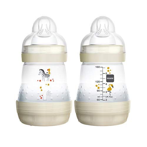  MAM Easy Start Anti-Colic Bottle, 5 oz (2-Count), Newborn Essentials, Slow Flow Bottles with Silicone Nipple, Unisex Baby Bottles, White