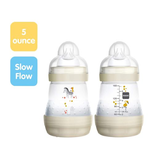  MAM Easy Start Anti-Colic Bottle, 5 oz (2-Count), Newborn Essentials, Slow Flow Bottles with Silicone Nipple, Unisex Baby Bottles, White