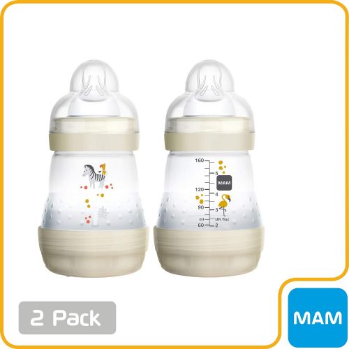  MAM Easy Start Anti-Colic Bottle, 5 oz (2-Count), Newborn Essentials, Slow Flow Bottles with Silicone Nipple, Unisex Baby Bottles, White