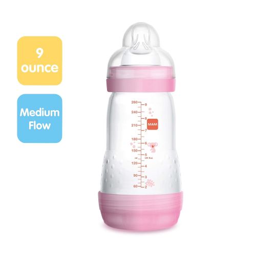  MAM Easy Start Anti-Colic Bottle 9 oz (1-Count), Baby Essentials, Medium Flow Bottles with Silicone Nipple, Baby Bottles for Baby Girl