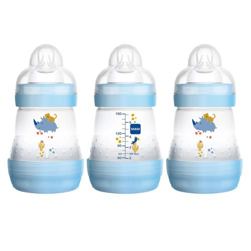  MAM Easy Start Anti-Colic Bottle 5 oz (3-Count), Baby Essentials, Slow Flow Bottles with Silicone Nipple, Baby Bottles for Baby Boy, Blue