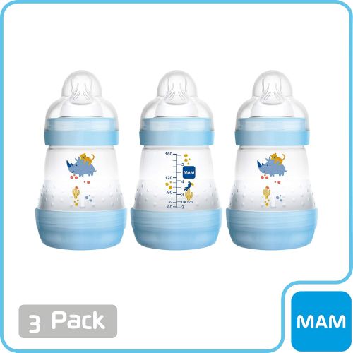  MAM Easy Start Anti-Colic Bottle 5 oz (3-Count), Baby Essentials, Slow Flow Bottles with Silicone Nipple, Baby Bottles for Baby Boy, Blue