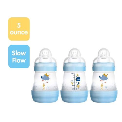  MAM Easy Start Anti-Colic Bottle 5 oz (3-Count), Baby Essentials, Slow Flow Bottles with Silicone Nipple, Baby Bottles for Baby Boy, Blue