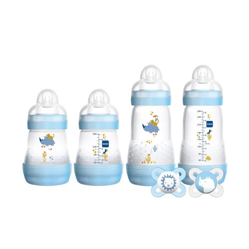  MAM Newborn Essentials Feed & Soothe Set (6-Piece), Easy Start Anti-Colic Baby Bottles, 0-2 Month Pacifier, Baby Shower Gifts for Baby Boy, Blue