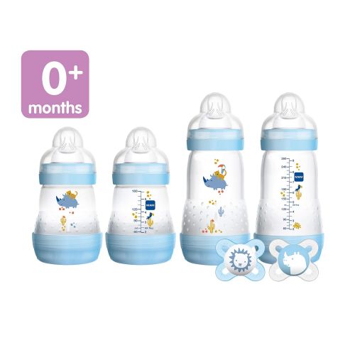  MAM Newborn Essentials Feed & Soothe Set (6-Piece), Easy Start Anti-Colic Baby Bottles, 0-2 Month Pacifier, Baby Shower Gifts for Baby Boy, Blue