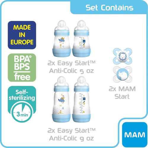  MAM Newborn Essentials Feed & Soothe Set (6-Piece), Easy Start Anti-Colic Baby Bottles, 0-2 Month Pacifier, Baby Shower Gifts for Baby Boy, Blue