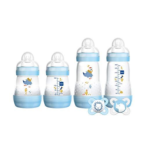  MAM Newborn Essentials Feed & Soothe Set (6-Piece), Easy Start Anti-Colic Baby Bottles, 0-2 Month Pacifier, Baby Shower Gifts for Baby Boy, Blue