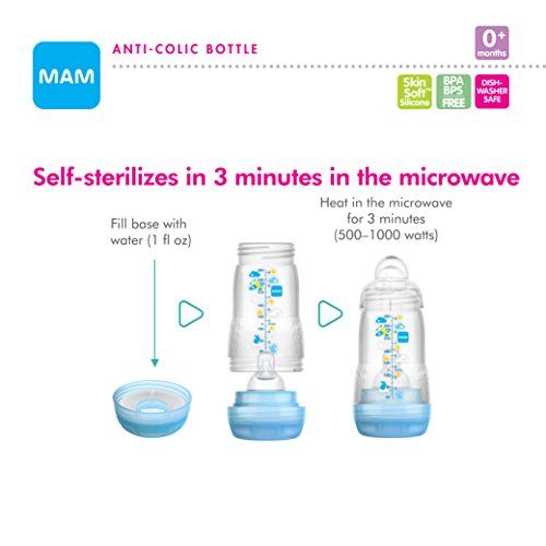  MAM Newborn Essentials Feed & Soothe Set (6-Piece), Easy Start Anti-Colic Baby Bottles, 0-2 Month Pacifier, Baby Shower Gifts for Baby Boy, Blue