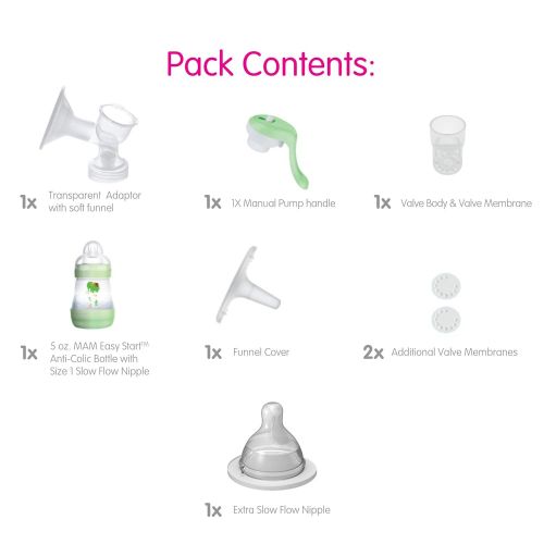  MAM Manual Breast Pump, Portable Breast Pump with Easy Start Anti-Colic Baby Bottle, 1Count, Green, One Size