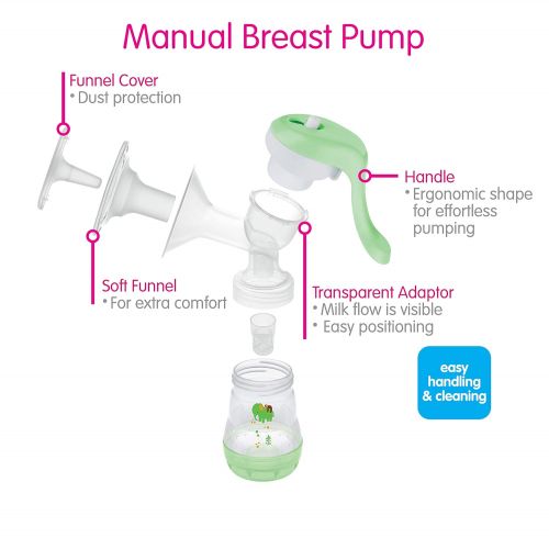  MAM Manual Breast Pump, Portable Breast Pump with Easy Start Anti-Colic Baby Bottle, 1Count, Green, One Size