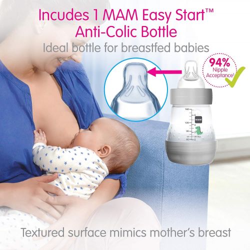  MAM Manual Breast Pump, Portable Breast Pump with Easy Start Anti-Colic Baby Bottle, 1Count, Green, One Size