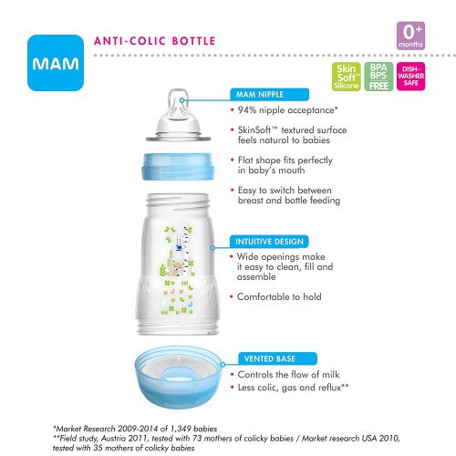  MAM Newborn Essentials Feed & Soothe Set (6-Piece), Easy Start Anti-Colic Baby Bottles, 0-2 Month Pacifier, Baby Shower Gifts, White