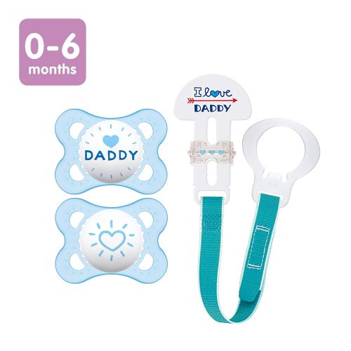  MAM Pacifier and MAM Pacifier Clip Value Pack (2 Pacifiers & 1 Clip), Pacifiers 0-6 Months, Baby Boy Pacifier “I Love Daddy” Design, Baby Pacifier Clips