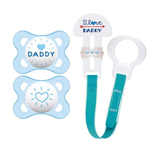  MAM Pacifier and MAM Pacifier Clip Value Pack (2 Pacifiers & 1 Clip), Pacifiers 0-6 Months, Baby Boy Pacifier “I Love Daddy” Design, Baby Pacifier Clips