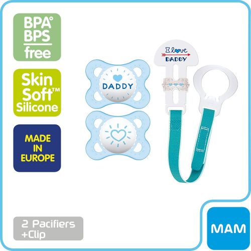  MAM Pacifier and MAM Pacifier Clip Value Pack (2 Pacifiers & 1 Clip), Pacifiers 0-6 Months, Baby Boy Pacifier “I Love Daddy” Design, Baby Pacifier Clips