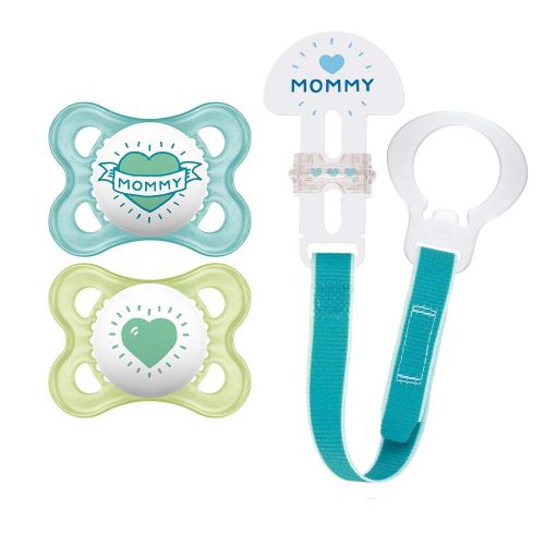  MAM Pacifier and MAM Pacifier Clip Value Pack (2 Pacifiers & 1 Clip), Pacifiers 0-6 Months, Baby Boy Pacifier “I Love Mommy” Design, Baby Pacifier Clips