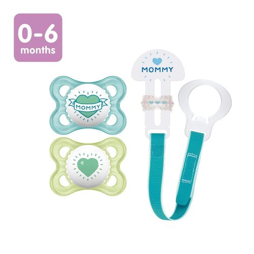  MAM Pacifier and MAM Pacifier Clip Value Pack (2 Pacifiers & 1 Clip), Pacifiers 0-6 Months, Baby Boy Pacifier “I Love Mommy” Design, Baby Pacifier Clips