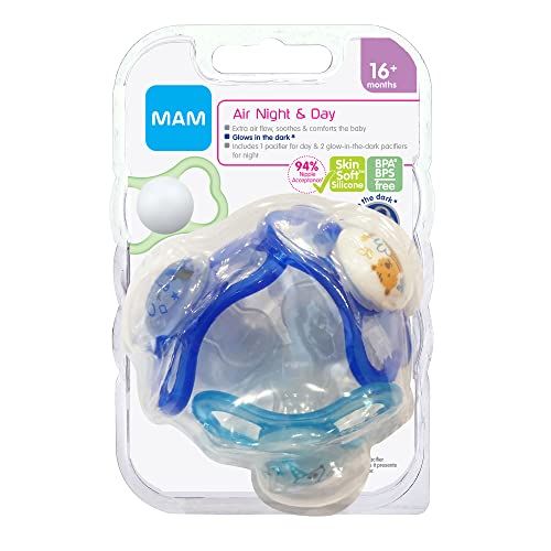  MAM Sensitive Skin Pacifiers, Baby Pacifier 16+ Months, Best Pacifier for Breastfed Babies, Air Night & Day Design Collection, Boy, 3Count, Multi