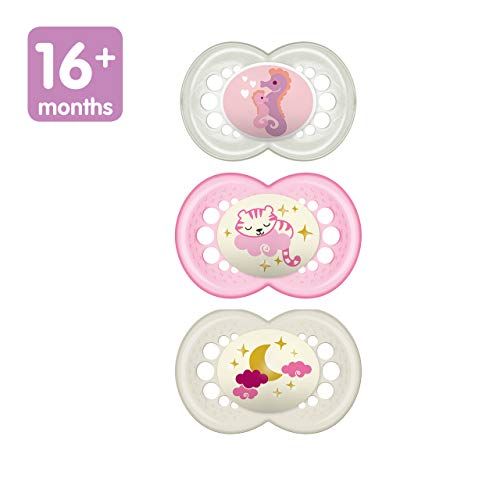  MAM Pacifiers, Baby Pacifier 16+ Months, Best Pacifier for Breastfed Babies, Day & Night Design Collection, Girl, 3Count, Multi